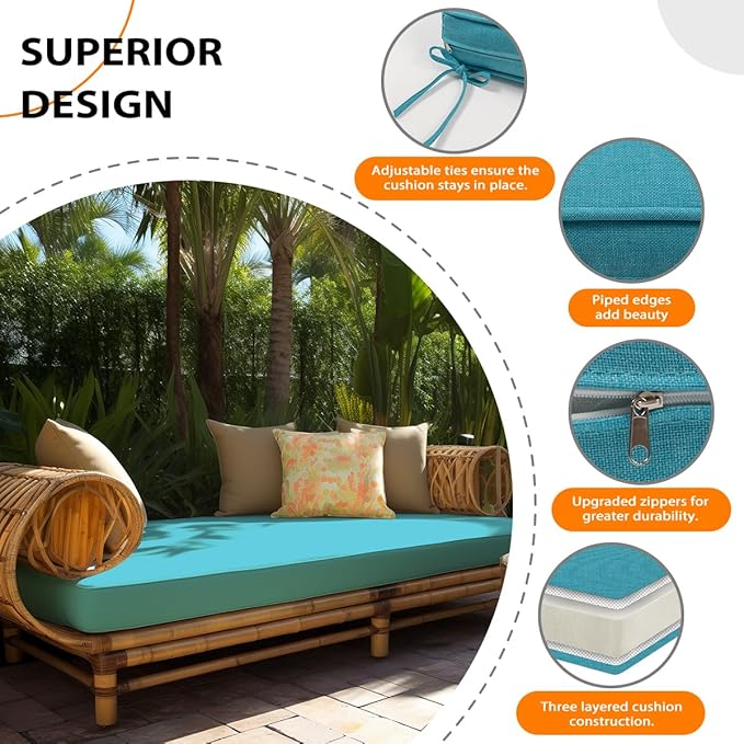 Sundale Outdoor Olefin Bench Cushion， Water-Resistant Patio Couch Cushion, Loveseat Sofa Pad with Straps Teal, 48 x 18 x 4 Inches