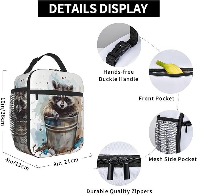 Insulated Lunch Box for Women Men, Raccoon Lunch Box Reusable Portable Lunch Bag Cooler Tote Waterproof Lunch Container for Office Picnic Work Travel Hiking