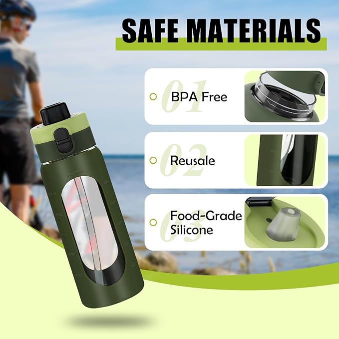 ANOTION 24OZ Glass Water Bottle, Large Sports Water Bottle with Dual-Drink Lid Clear Leakproof Glass Bottles with Straw, Motivational Jug with Silicone Sleeve and Time Marker for Travel Gym-Green