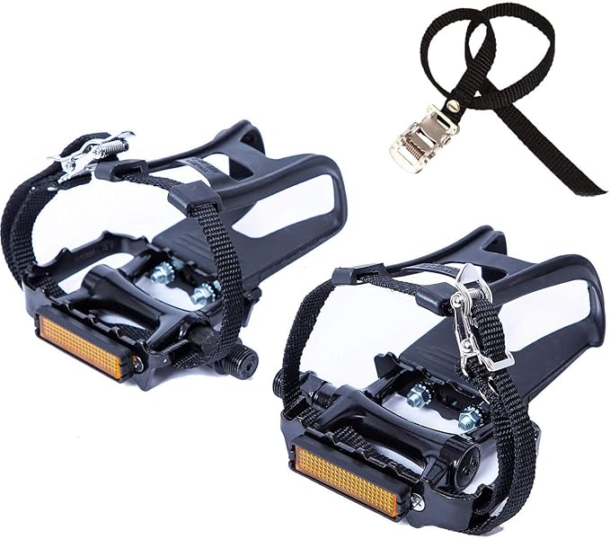 Bike Pedals with Clips and Straps for Outdoor Cycling and Indoor Stationary Bike 9/16-Inch Spindle Resin/Alloy Bicycle Pedals
