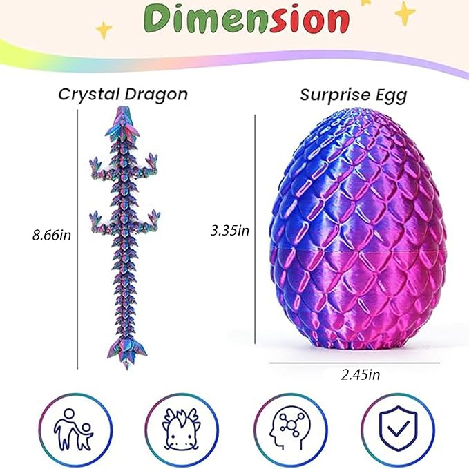 4 Pcs 3D Printed Dragon Egg, 3D Printed Dragon with Egg,Unique 3D Printed Dragon Eggs with 8.7 inch Dragon & 3.35 inch Egg for Flexible Stress Relief Pet Sculpture Easter Basket Filler.