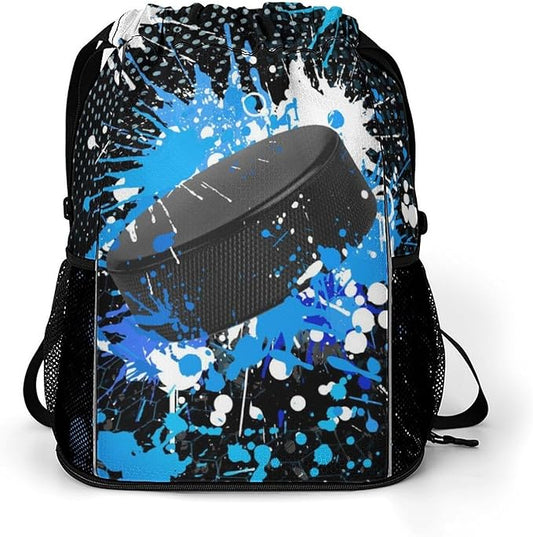 Hockey Drawstring Backpack - Cool Cinch Sack, String Backpacks with Pocket for Kids Women Men Boys Girls for Gym Outdoor Sports Travel Athletic Drawstring Bag - Lightweight/Foldable