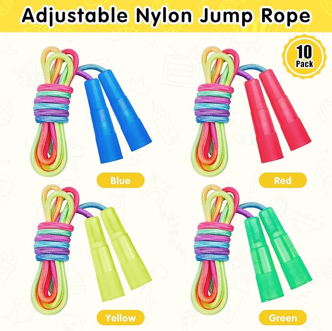 Jeffbaubl 10 Pack Jump Rope for Kids, 7.2Ft Kids Rainbow Jump Rope, Adjustable Jumping Ropes with Plastic Handles, Skipping Ropes for Boys Girls Outdoor Activity Party Favors