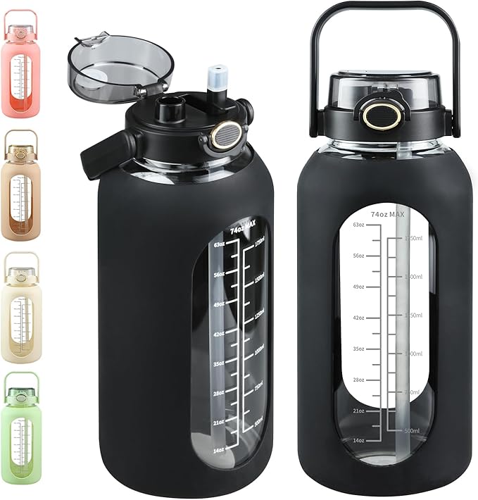 SIEROZUR 74oz Glass Water Bottle with Straw and Lid Large Gallon Water Jug with Silicone Sleeve and Handle 2.2 liter Wide Mouth Bottle with Time Marker for Gym Sports& Workout