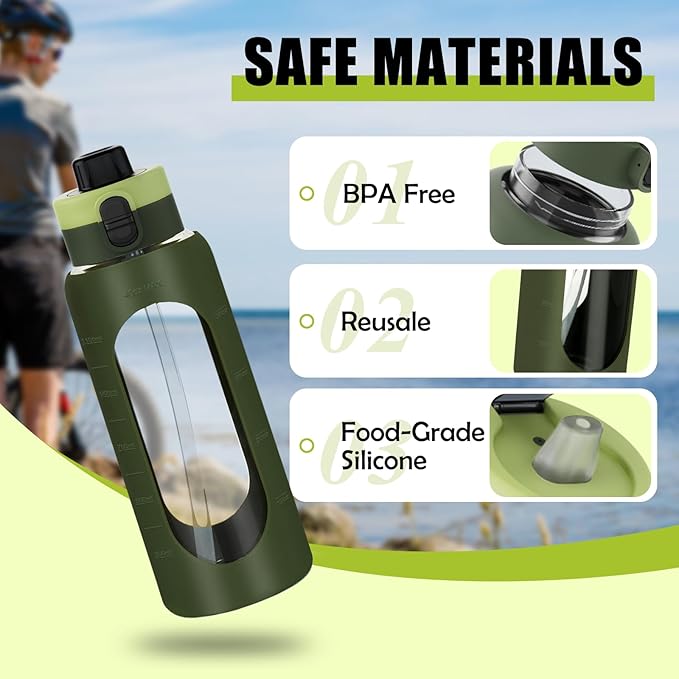 ANOTION 40OZ Glass Water Bottle, Large Sports Water Bottle with Dual-Drink Lid Clear Leakproof Glass Bottles with Straw, Motivational Jug with Silicone Sleeve and Time Marker for Travel Gym-Green