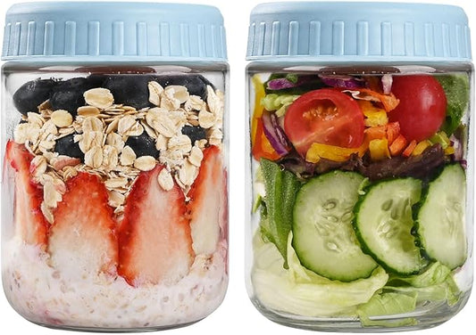 Overnight Oats Containers with Lids, 16oz Glass Jars with Lids 2 pcs, Light Blue, Wide Mouth Mason jars for Salad, Yogurt, Snacks, Meal Prep