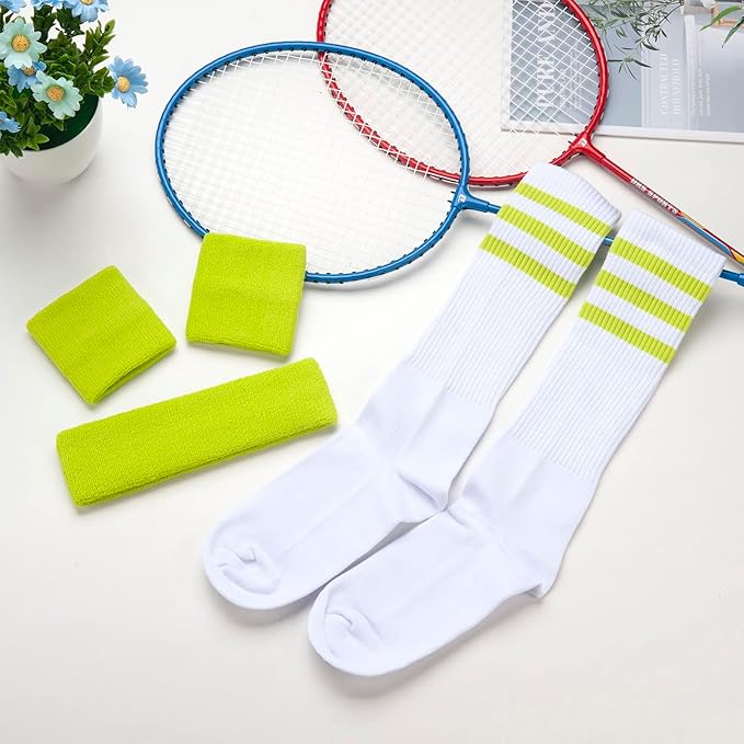 ONUPGO 5 Pieces Sweatbands Striped Socks Set Sports Headband Wristbands High Tube Socks 80s Accessories Costumes