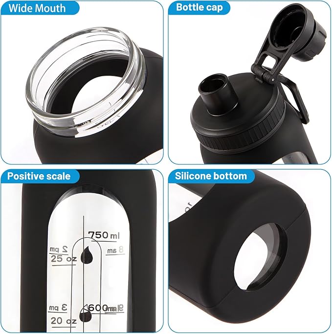 Glass Shaker Bottle 34oz/1L Black Glass Protein Shaker Bottle With Shaker Ball Large Shaker Bottles for Protein Mixes Portable Powder Mixer Blender Water Bottle for Gym Workout Sports