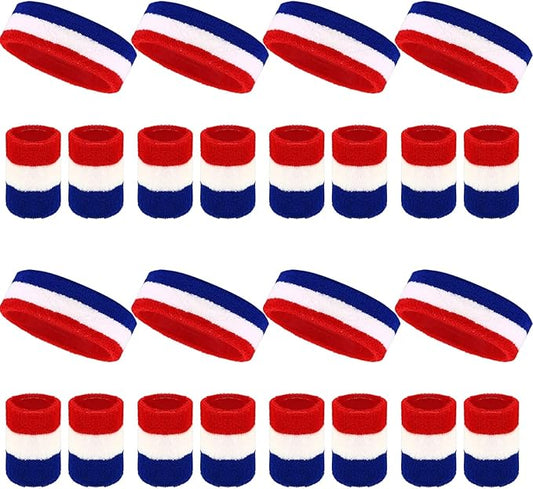 24 Pcs Neon Sweatbands Set Include 8 Pcs Sports Headband and 16 Pcs Cotton Wristbands 80s Neon Sweat Bands Bulk for Gym, Tennis, Basketball, Running, Exercise