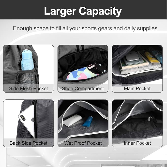 Hoedia Sports Drawstring Backpack - String Swim Gym Bag with Shoes Compartment and Wet Proof Pocket for Women and Men, Dark Grey