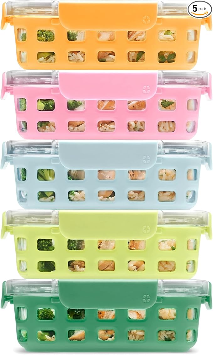 Ello Duraglass 3.4 Cup Meal Prep Sets 10Pc, 5 Pack Set- Glass Food Storage Container with Silicone Sleeve and Airtight BPA-Free Plastic Lids, Dishwasher, Microwave, and Freezer Safe, Meadow