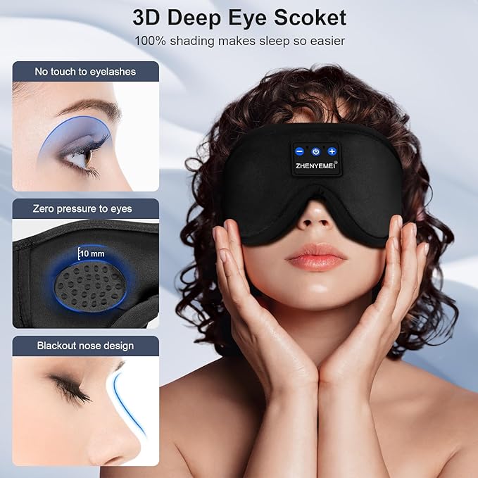Bluetooth Sleep Headphones Bluetooth Sleep Mask | 3D Eye Mask for Sleeping | 16hrs Playingtime | Light Blocking Eye Mask | Auto - Off Timer | Best for Sleeper | Travel
