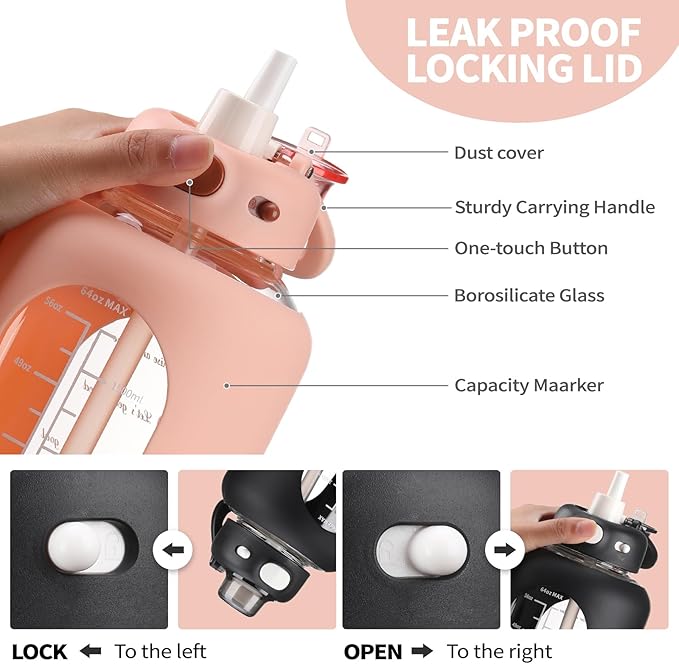 SIEROZUR 42 oz Glass Water Bottle with Straw and Handle, Large Sports Motivational Water Bottle Flask with Time Marker Leakproof Water Jug with Silicone Sleeve for Gym