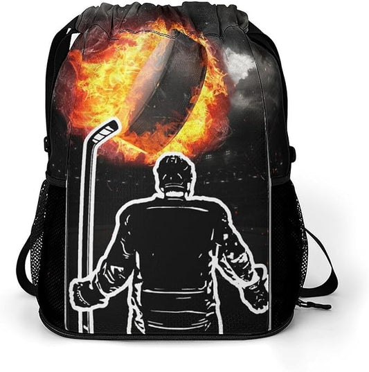 Hockey Drawstring Backpack - Cool Cinch Sack, String Backpacks with Pocket for Kids Women Men Boys Girls for Gym Outdoor Sports Travel Athletic Drawstring Bag - Lightweight/Foldable