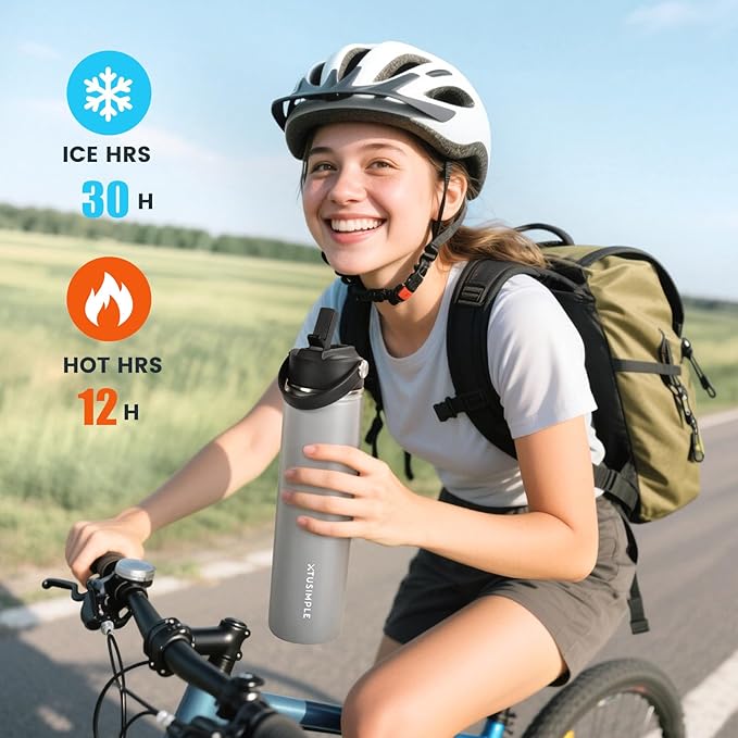 24oz Insulated Travel Water Bottle - Stainless Steel, Leakproof - Keep Hot for 12hrs & Cold for 30hrs - for Outdoors, Sports, Bike, Gym, Marathon - Gift for Women, Men (Gray)