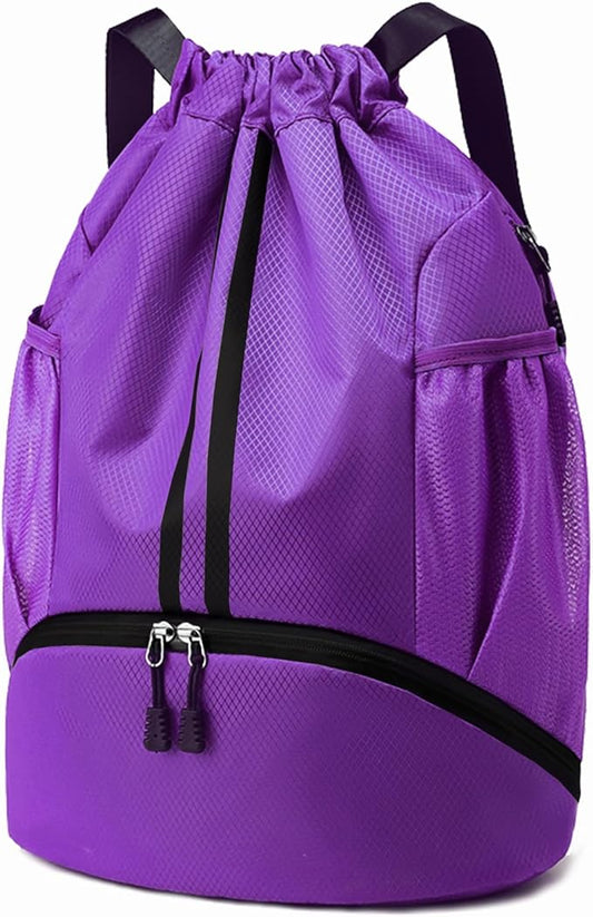 Hoedia Sports Drawstring Backpack - String Swim Gym Bag with Shoes Compartment and Wet Proof Pocket for Women/Men (Purple)