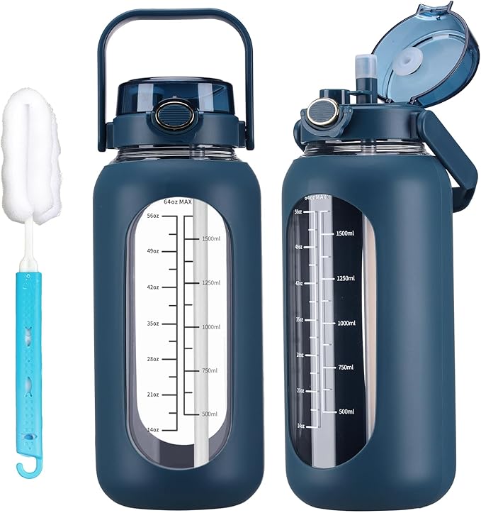 64oz Glass Water Bolttles with Straw Half Gallon Large Motivational Water Bottle with Time Marker Sports Water Bottles with Silicone Sleeve and Handle Lid Water Jug for Gym Workout