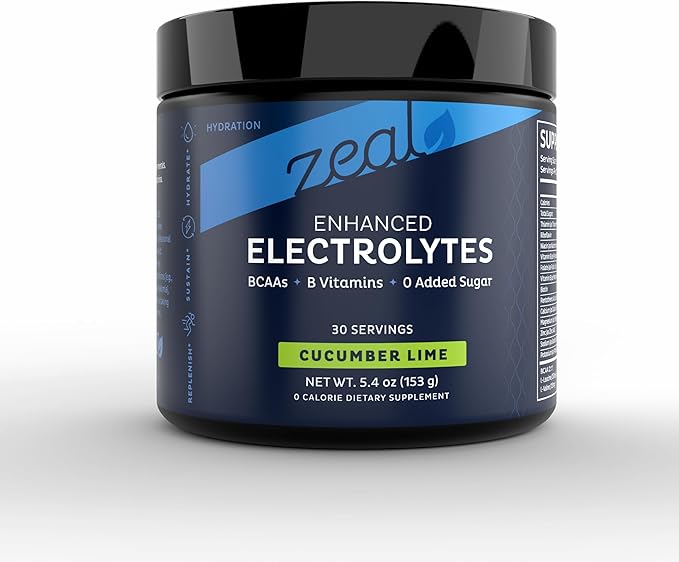 Zeal Electrolyte Powder Recovery Drink (30 Servings | Cucumber Lime) w 0 Sugar +BCAAs +B-Vitamins Electrolyte Supplement w Potassium Zinc & Magnesium for Hydration - Keto Electrolytes