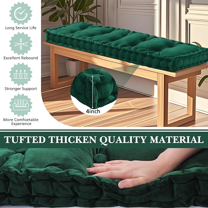 Bench Cushions for Indoor Furniture 42x16 in Velvet Kitchen Dining Piano Window Seat Cushion, Tufted Patio Porch Swing Thicken Bench Pad Memory Foam for Christmas Home Decor(Dark Green)