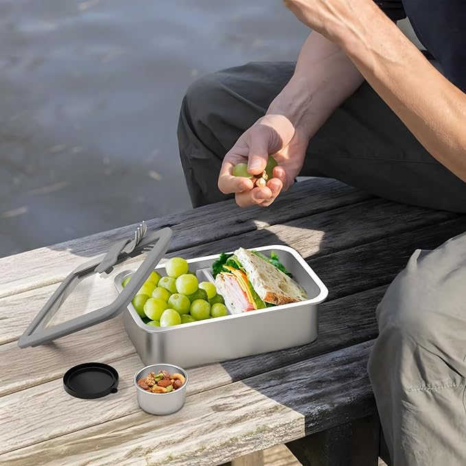 Stainless Steel Bento Box for Adult, 42oz Leak-Proof Lunch Box Containers with Adjustable Divider, Microwave-Safe, Metal Lunchbox with Glass Lid for Work Travel, Silver
