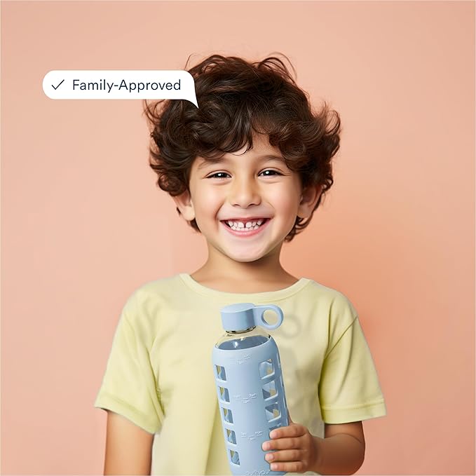 purifyou 40oz / 32oz / 22oz / 12oz Borosilicate Glass Water Bottle with Time & Volume Markers, Silicone Sleeve, Stainless Steel Lid | Reusable Glass Bottle for Water & Juice (22oz Ice Blue)