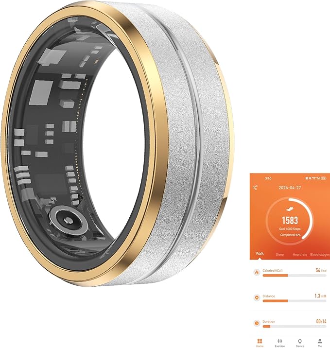 Fitness Tracker Smart Ring,Step Counter,Heart Rate Blood Oxygen Sleep Tracker Health Ring, 5ATM Waterproof Long Battery Life Smart Rings Compatible with iOS & Android (Silver with Side Gold, US 7)