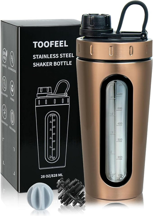 TOOFEEL Stainless Steel Shaker - 28 oz Protein Shaker Cup With 2 Whisk All, Visible Window, Leakproof, Not Cold/Hot, For Gym Workout