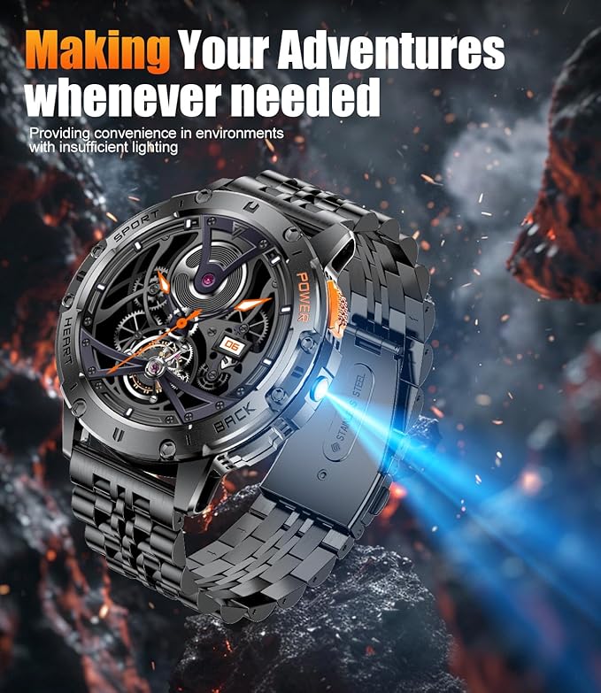 Smart Watch for Men for Android/iOS(3 Bands),1.43’’ AMOLED Display Sport Watch with 123 Sport Modes/FlashLight,5ATM Waterproof Fitness Tracker with Blood Pressure/Heart Rate/Sleep Monitor,Metal