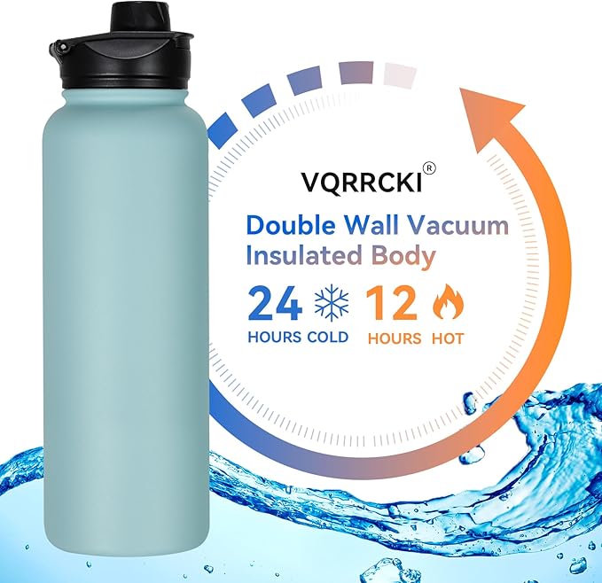 40 oz Insulated Water Bottle with Straw, Stainless Steel Sports Water Bottles with 2 Lids (Straw and Wide Mouth lid), Double Wall Vacuum, Leakproof, BPA-Free, Turquoise Blue