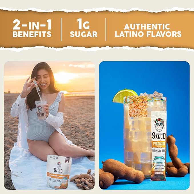 Salud 2-in-1 Hydration Packets + Immunity Electrolytes Powder, Tamarindo - Agua Fresca Drink Mix, Elderberry, Dairy & Soy Free, Non-GMO, Gluten Free, Vegan, Low Calorie, 1g Sugar (15 Servings)