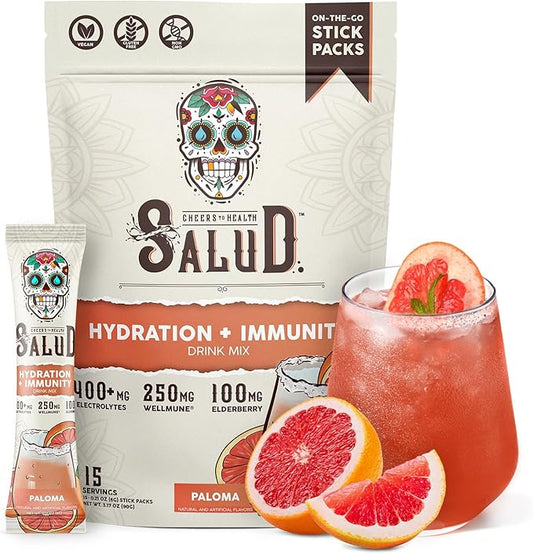 Salud 2-in-1 Hydration Packets + Immunity Electrolytes Powder, Paloma - Agua Fresca Drink Mix, Elderberry, Dairy & Soy Free, Non-GMO, Gluten Free, Vegan, Low Calorie, 1g Sugar (15 Servings)