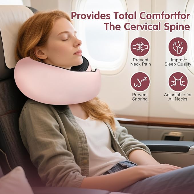 Ergonomic Travel Neck Pillow with Memory Foam Support – Comfortable Airplane Pillow for Adults, Portable Neck Cushion for Car, Office and Long Flights with Eye Mask, Earplug Holder and Carry Bag