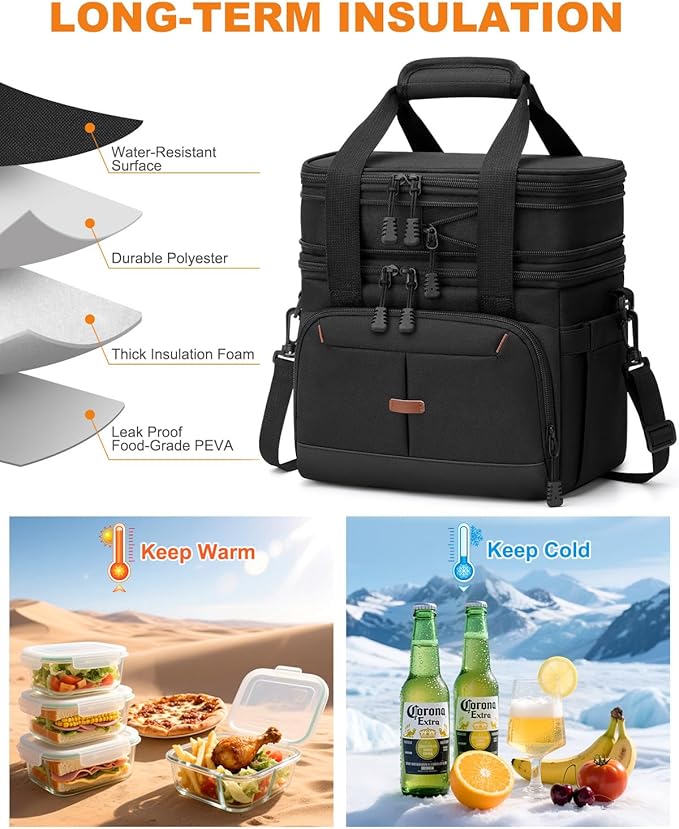 Lunch Box For Men Women Double Deck Insulated Lunch Bag For Men Woman Leakproof Expandable Cooler Bag with Adjustable Shoulder Strap for Work Picnic School(Black,Medium)