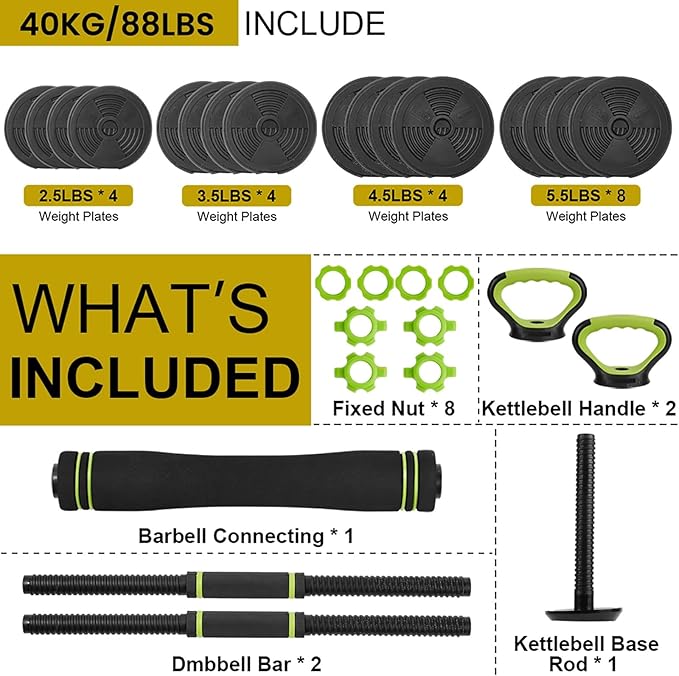 4-In-1 Adjustable Weights Dumbbell Set, Weight Set with Connector Used As Kettlebells, Barbell, Push Up Stand, Fitness Exercise Dumbbell, Free Weight Set for Home Gym