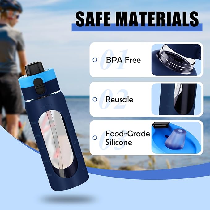 ANOTION 24OZ Glass Water Bottle, Large Sports Water Bottle with Dual-Drink Lid Clear Leakproof Glass Bottles with Straw, Motivational Jug with Silicone Sleeve and Time Marker for Travel Gym-Blue