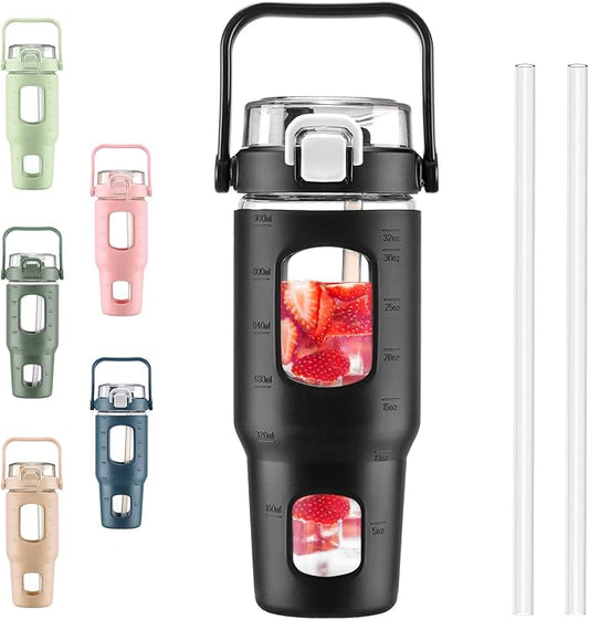 BLUEGO 32oz Glass Water Bottles with Straw Time Marker Half Gallon Large Motivational Water Bottle with Silicone Sleeve 2 Liter Large Glass Water Jug for Gym, Sports& Workout, Daily, Black