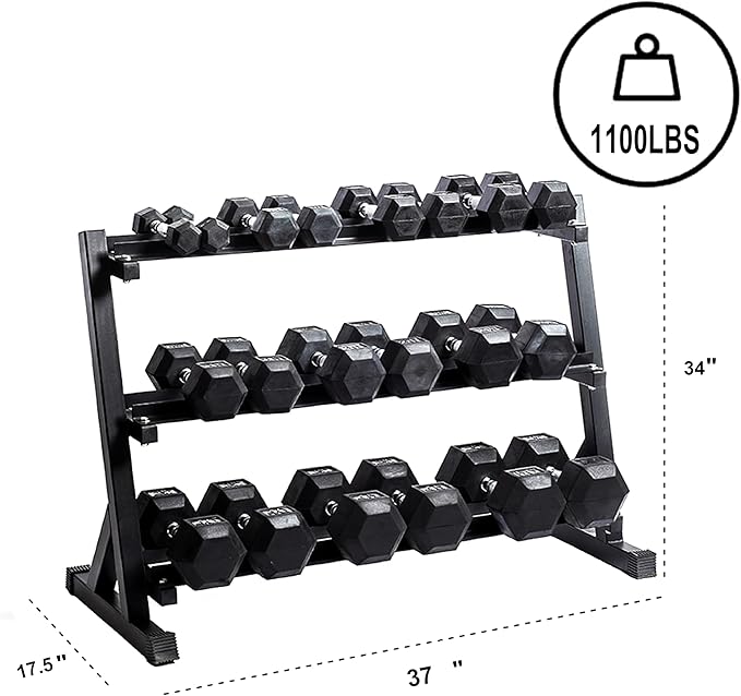 Dumbbell Rack Adjustable 3-Tier Weight Stand, 1100LB Capacity Heavy Duty Weight Storage Rack for Home Gym