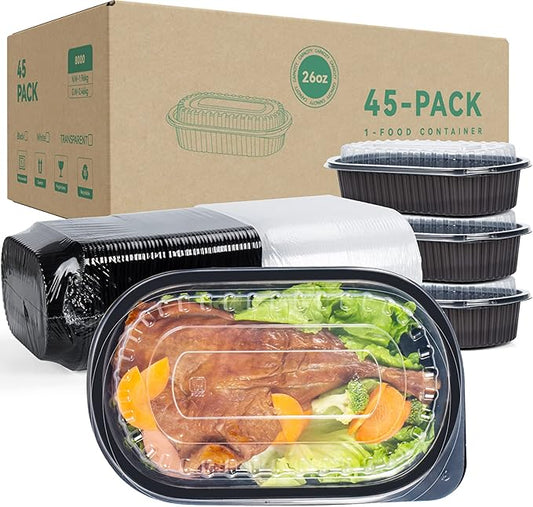 YANGRUI Take Out Containers, Shrink Wrap 45 Pack 26 oz Reusable Machine Washable Extra Thick BPA Free Meal Prep Container Microwave Freezer Safe Leak Proof To Go Boxes