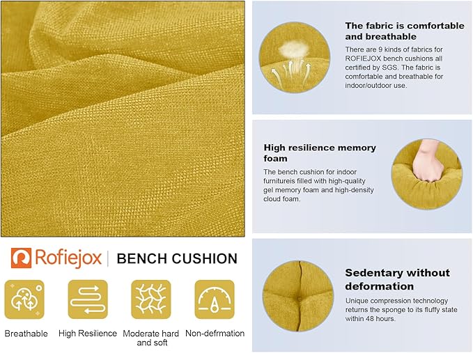 Bench Cushion 48 Inch - Chenille Fabric, High-Density Foam, Non-Slip Bottom, Soft Durable Indoor Tufted Long Seat Cushion for Window Garden Furniture (Yellow, 48x16x4 Inch)