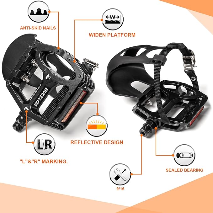Bucklos Bike Pedals with Toe Cages and Straps - Bicycle Toe Clips Cage Compatible with Road Bike/Peloton/Mountian Bikes/MTB - Toe Clip Pedal for Wide Shoes Indoor Outdoor Cycling