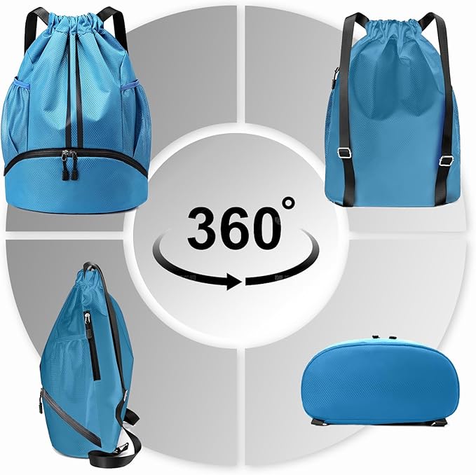 Hoedia Sports Drawstring Backpack - String Swim Gym Bag with Shoes Compartment and Wet Proof Pocket for Women/Men (Sky Blue)