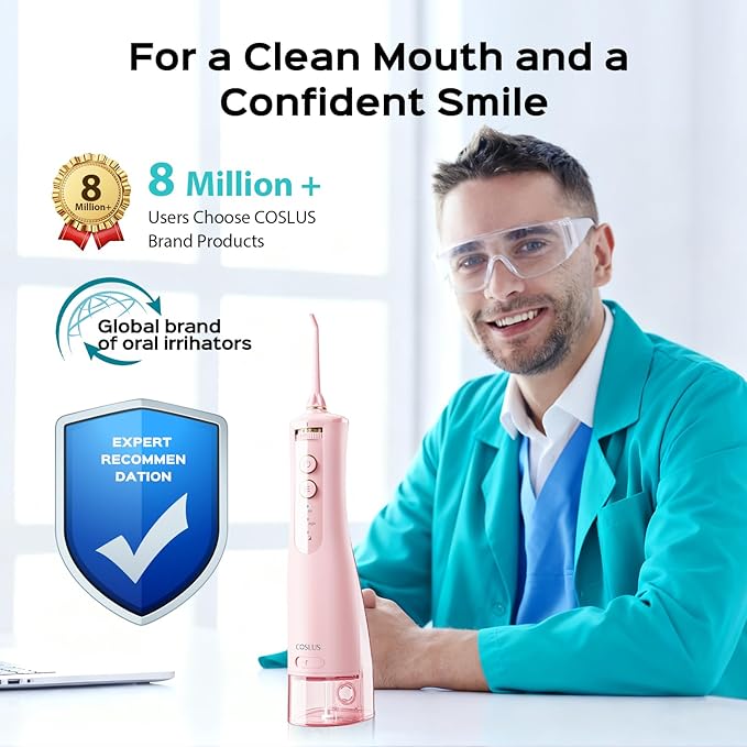 COSLUS Portable Water Flosser for Teeth: 10 Pressure Settings Professional Water Dental Pick for Orthodontic, Braces & Sensitive Gums - Cordless for Travel Use, for Adults Teens, BPA-Free, E40