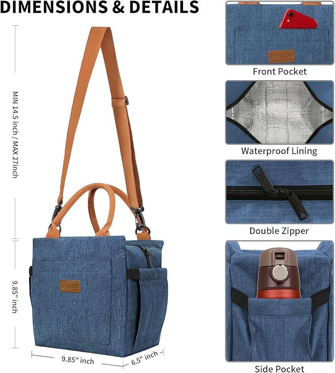 Joymee Lunch Bag Women Insulated Lunch Box with Adjustable Shoulder Strap Large Reusable Adult Lunch Box Lunch Tote Lunch Bag with Water Bottle Holder and Side Pockets for Work-Navy Blue