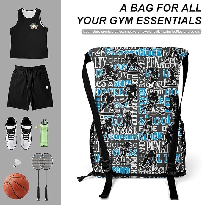 Hockey Drawstring Backpack - Cool Cinch Sack, String Backpacks with Pocket for Kids Women Men Boys Girls for Gym Outdoor Sports Travel Athletic Drawstring Bag - Lightweight/Foldable