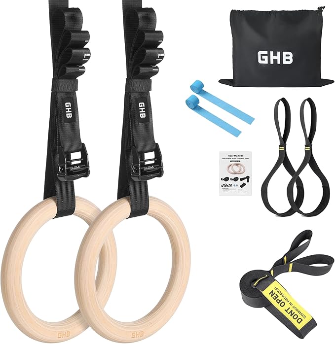 GHB Gymnastic Rings Wooden Gym Rings 1.25" Olympic Rings Adjustable Straps Pull Up Rings Sets for Workout Bodyweight Fitness Training