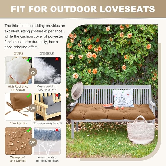 Outdoor Bench Cushion 40inches Waterproof & Fade Resistant Patio Furniture Cushions Tufted Fresh Porch Swing Lounger Loveseat Pads with Straps(Khaki-40x20in)