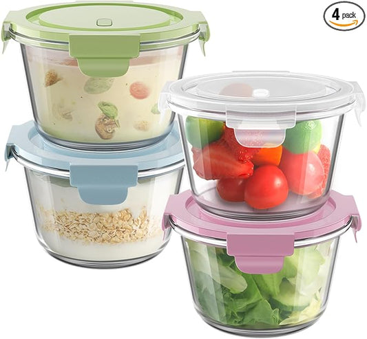 16oz Glass Meal Prep Containers, Airtight 2 Cup Glass Storage Containers with Lids, Heat-Resistant BPA-Free Borosilicate Glass Soup Container for Leftover, Microwave, Dishwasher&Freezer Safe (4 Packs)