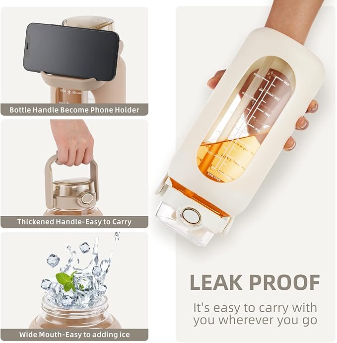 SIEROZUR 74oz Glass Water Bottle with Straw and Lid Large Gallon Water Jug with Silicone Sleeve and Handle 2.2 liter Wide Mouth Bottle with Time Marker for Gym Sports& Workout