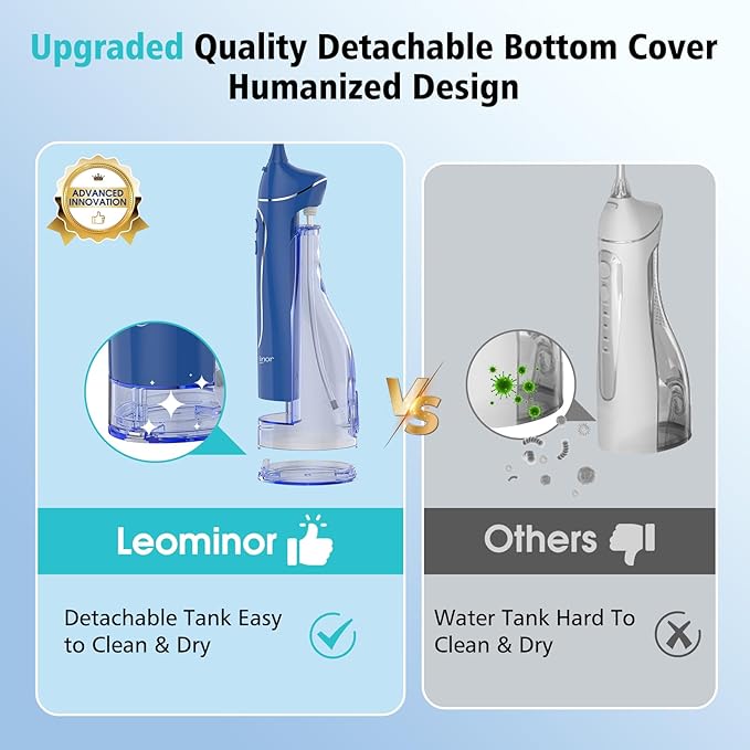 Leominor Water Dental Flosser Pick for Teeth, 300ML Portable Oral Irrigator Upgraded Tank Removable,IPX7 Waterproof, Rechargeable Travel Teeth Cleaner, Professional Electric Flossing(Dark Blue)
