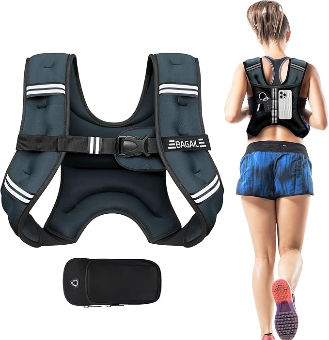 BAGAIL Weighted Vest, 5lbs/8lbs/10lbs/12lbs/15lbs/20lbs/25lbs/30lbs Weight Vest with Detachable Phone Pouch, Rucking Vest for Women, Men, Walking, Weight Loss, Training, Running